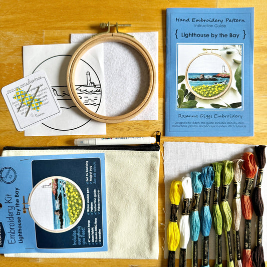 Embroidery kit with hoop, fabric, thread, pen, and pattern guide on a wooden surface