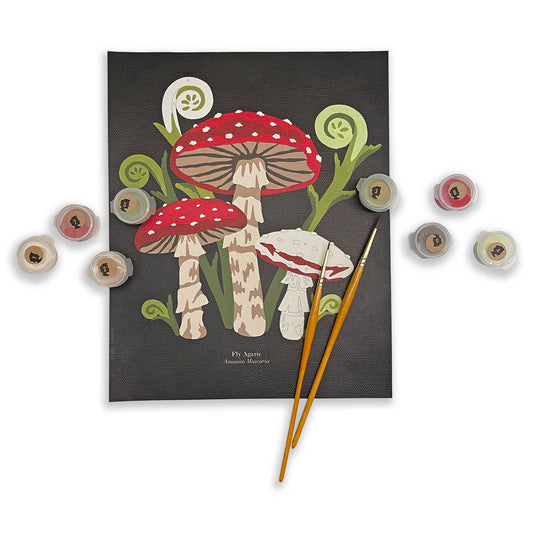 Paint by number kit with mushroom design and color swatches on a white background