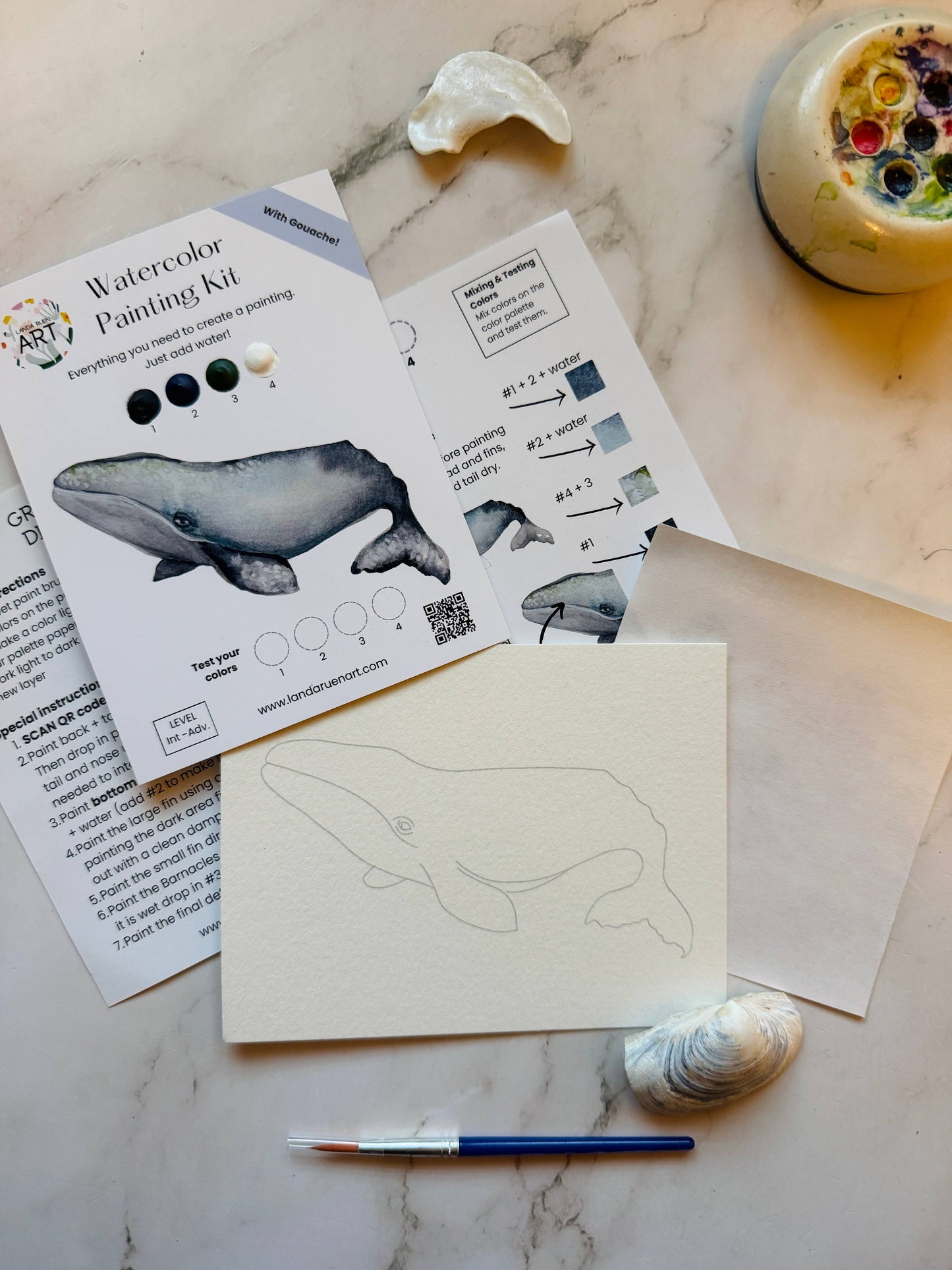 Watercolor painting kit with whale design, instructions, and paint supplies on a marble surface.
