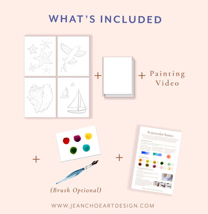 Artistic materials and resources including templates, paint colors, a brush, and a video on a light pink background.