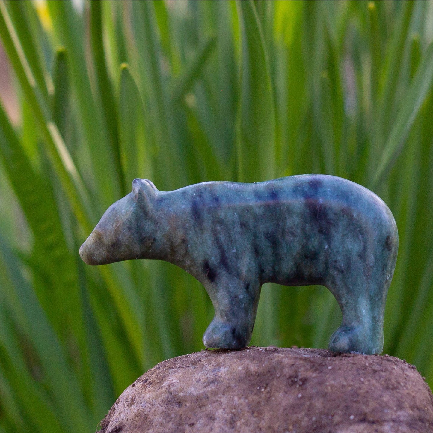 A view of a finished soapstone bear shot in nature with plants behind it. 