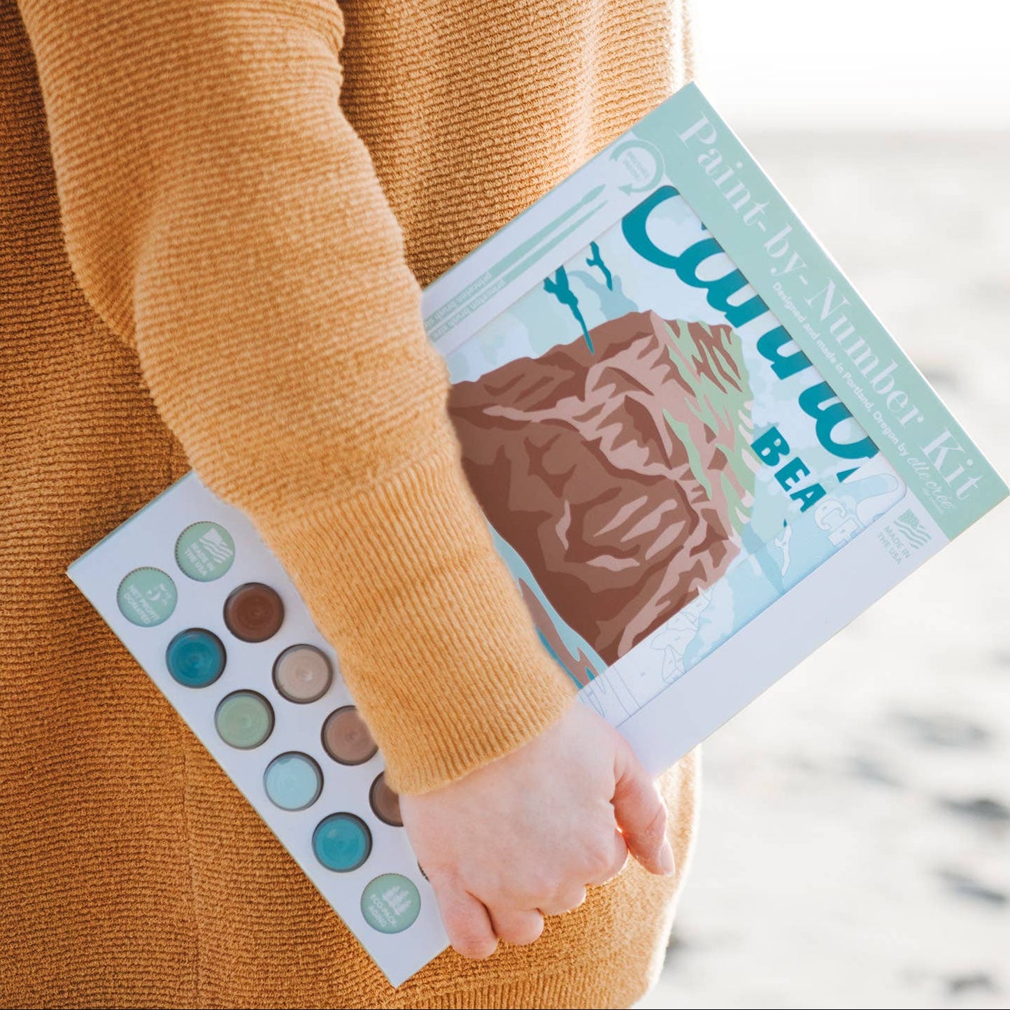 Person holding the paint-by-number kit on a blurred beach background