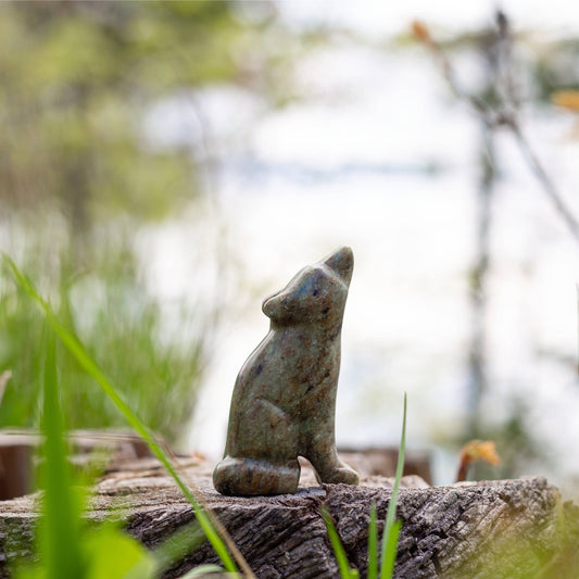 A finished wolf soapstone carving set in nature with blurred plants in the background. 