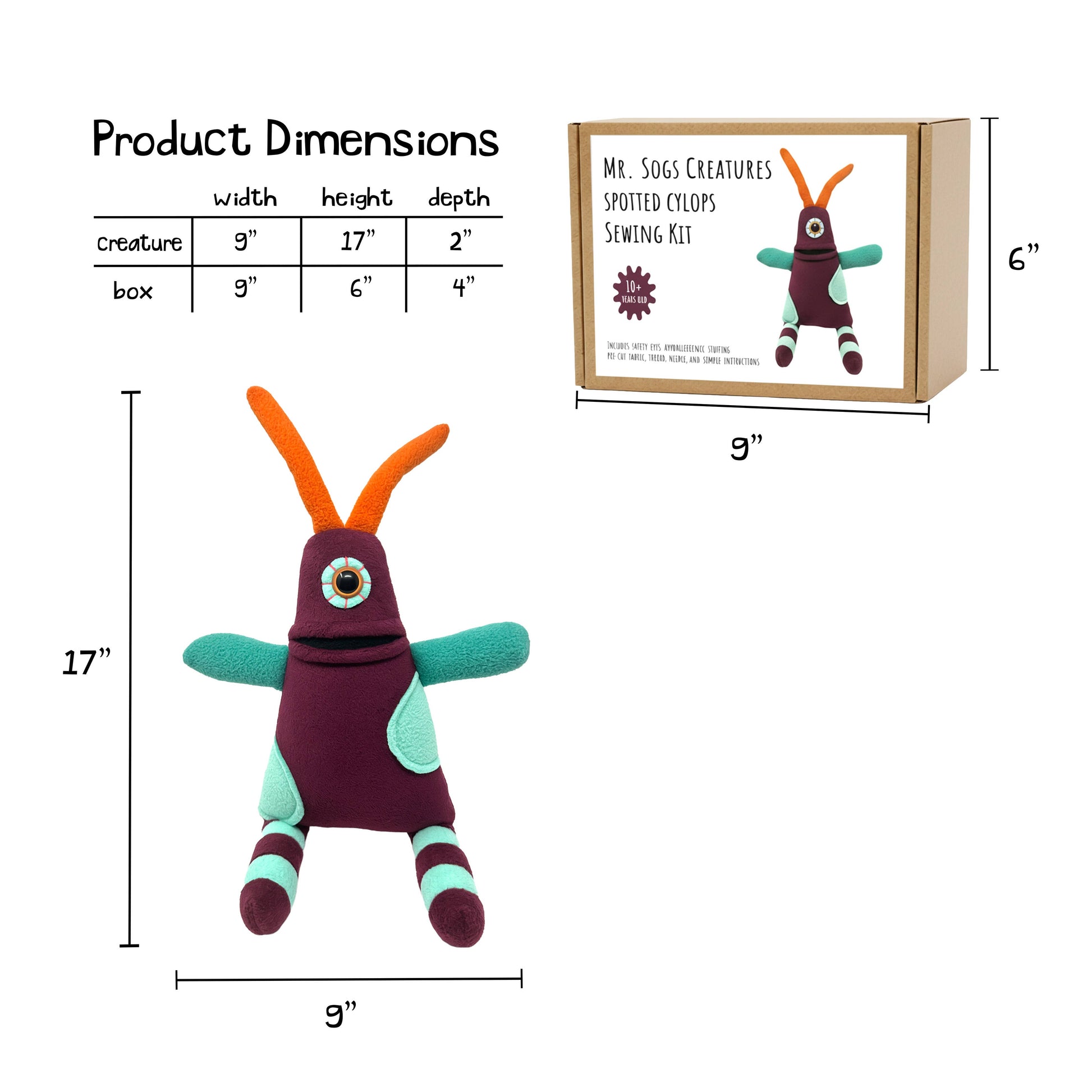 Stuffed creature with dimensions and packaging shown on a white background