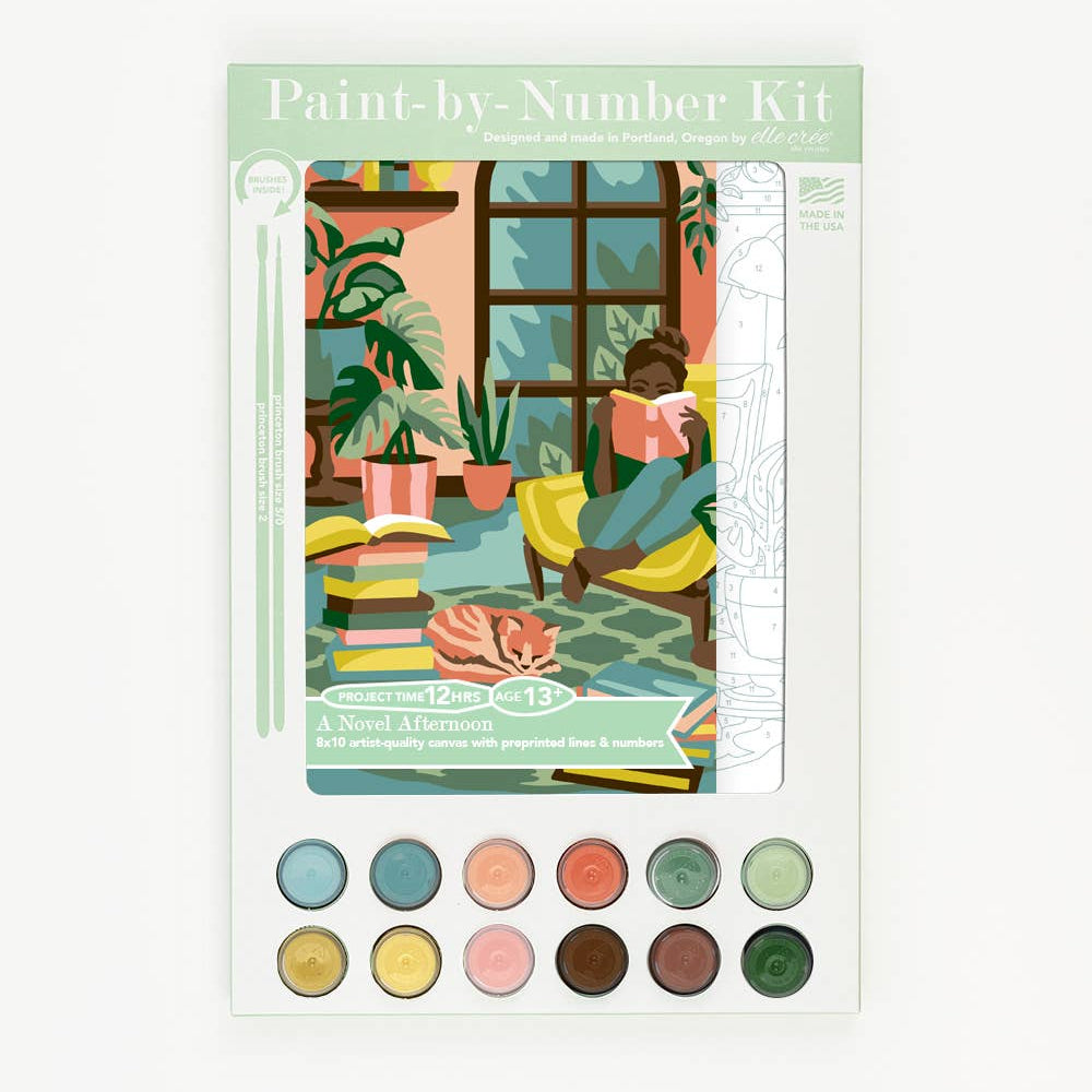 Paint-by-number kit packaging with a colorful illustration of a cozy room with a person reading on chair and color paints.