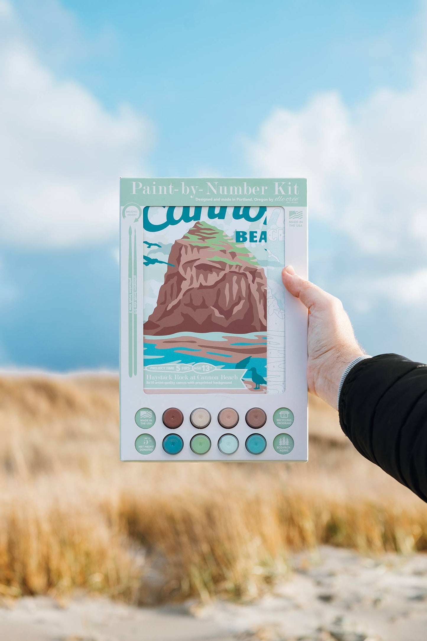 Hand holding a paint-by-number kit  with a beach scene design against a blue sky and sand background.