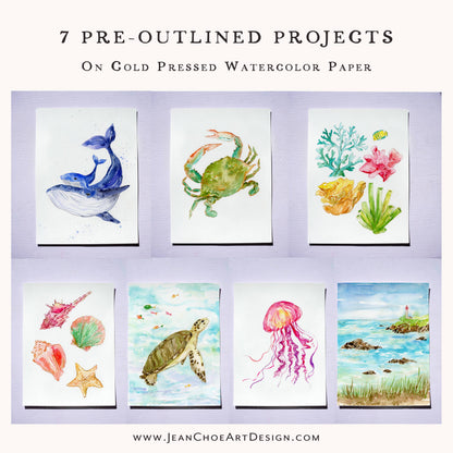 Set of watercolor illustrations of marine life on a light purple background with text about pre-outlined projects.