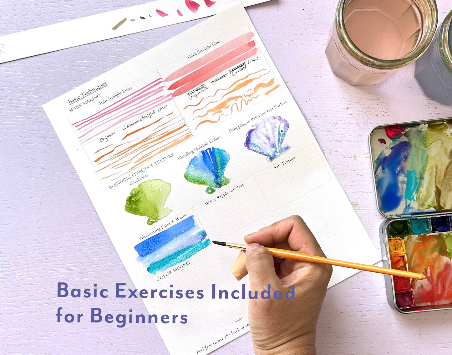 Artistic watercolor practice sheet with a hand holding a brush and a paint palette on a light purple background. Text states that basic exercises for beginners are included