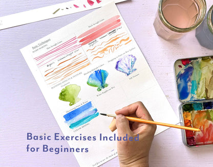 Artistic watercolor practice sheet with a hand holding a brush and a paint palette on a light purple background. Text states that basic exercises for beginners are included