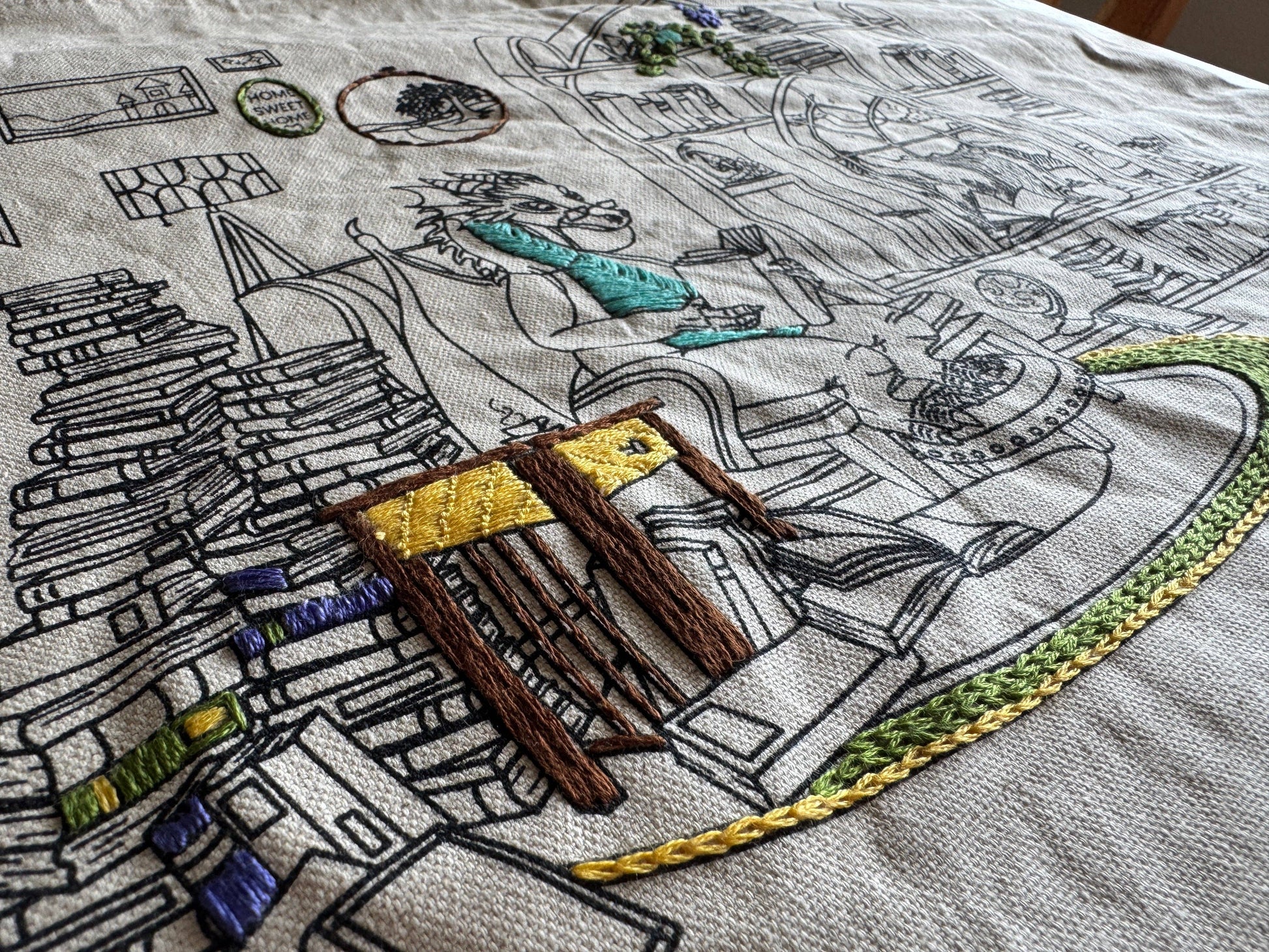 A close up shot of a partially completed embroidery of the dragon reading. 
