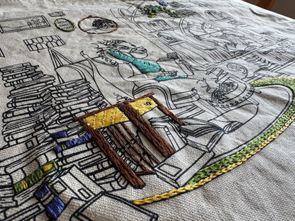 A close up shot of a partially completed embroidery of the dragon reading. 
