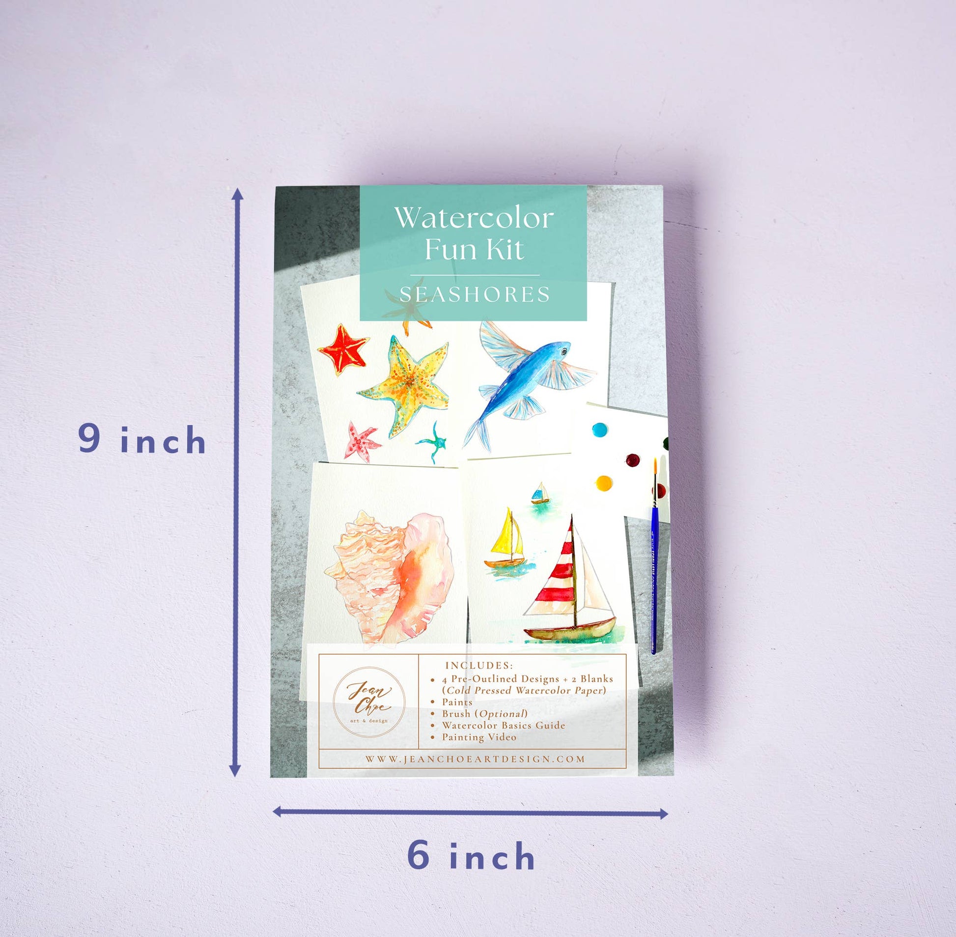 Watercolor Fun Kit with seashore designs on a light purple background