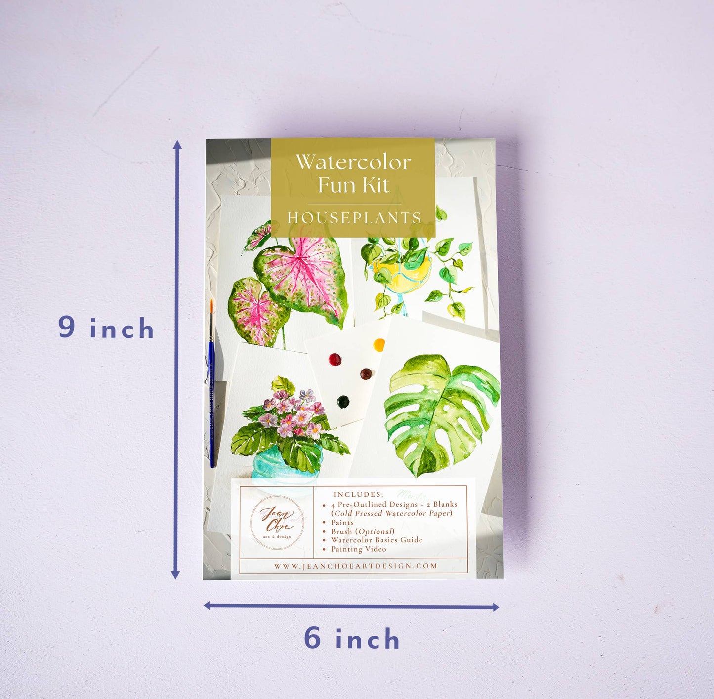 Watercolor Fun Kit for houseplants with dimensions labeled on a light purple background