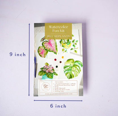 Watercolor Fun Kit for houseplants with dimensions labeled on a light purple background