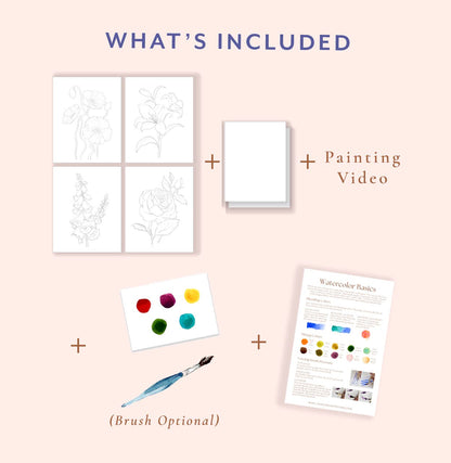 Set of art supplies including coloring pages, paint swatches, a brush, and a video on a light pink background.