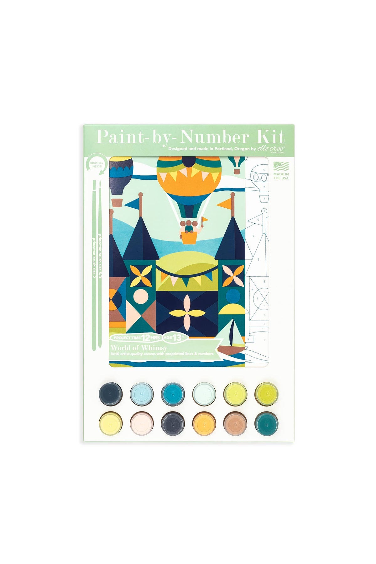 Paint-by-number kit with colorful design and paint swatches on a white background