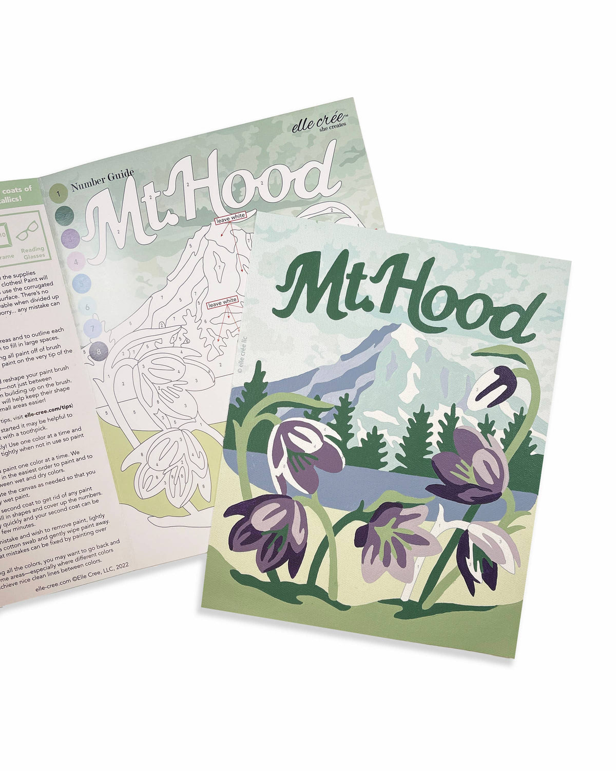 Finished paint by number painting with 'Mt. Hood' design, laying on top of the instructions booklet