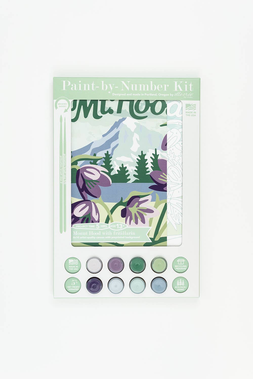 Paint-by-Number kit packaging featuring a design with Mt Hood in the background and and flowers in the foreground on a white background