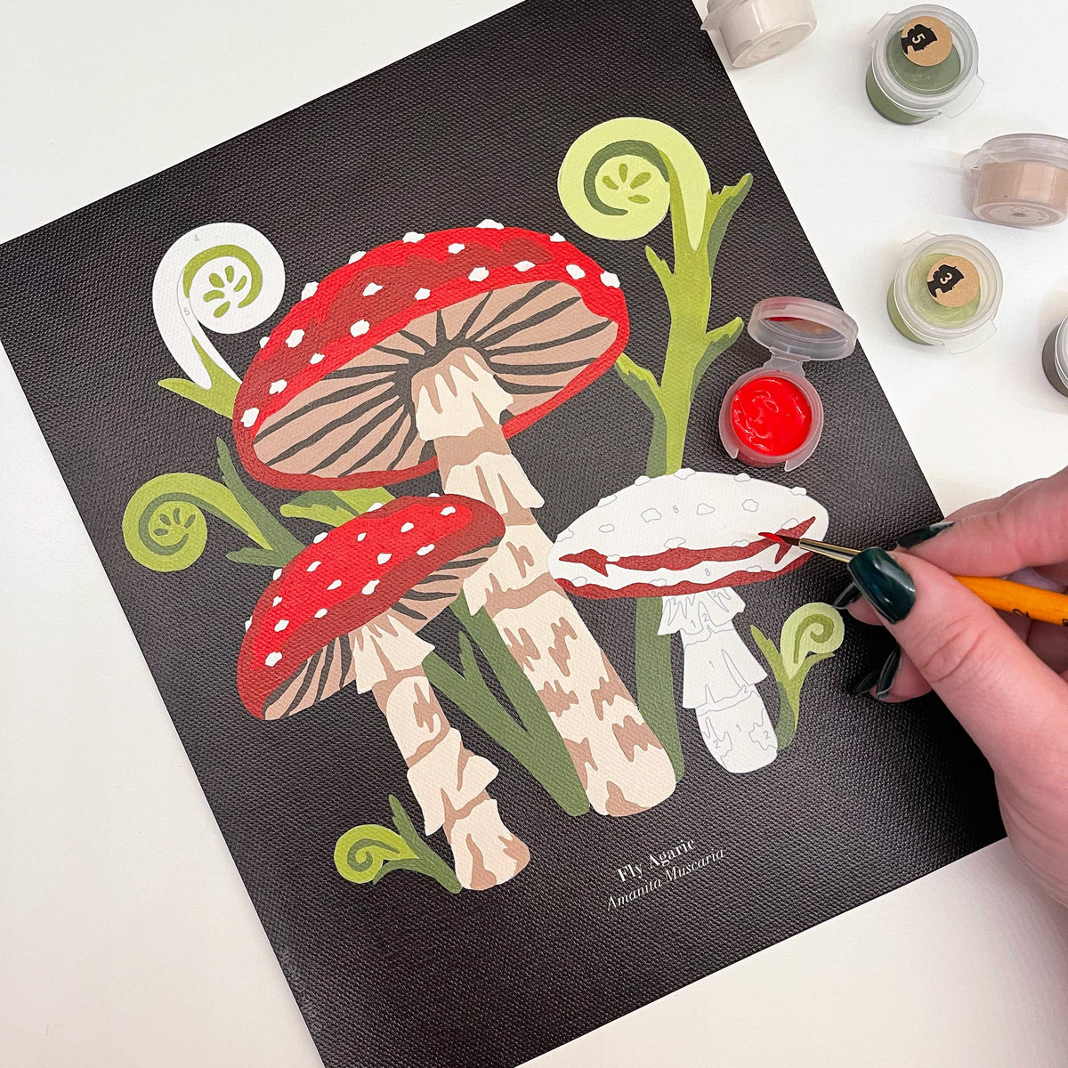 Person painting a detailed illustration of mushrooms on a black canvas with art supplies around.