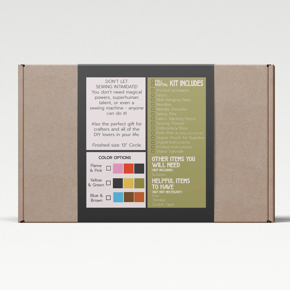 Cardboard box with printed contents and color swatches on a white background