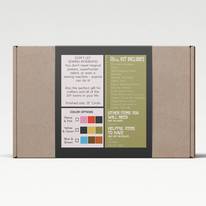 Cardboard box with printed contents and color swatches on a white background