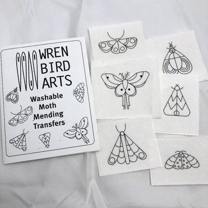 Wren Bird Arts moth mending transfers on paper with a white background