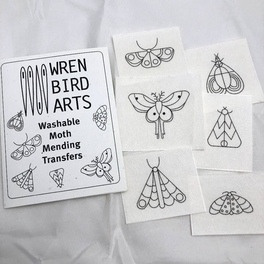 Wren Bird Arts moth mending transfers on paper with a white background