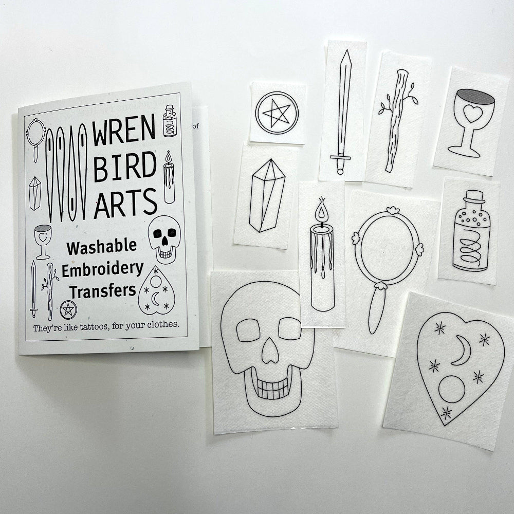 Wren Bird Arts washable embroidery transfers with various designs on a white background