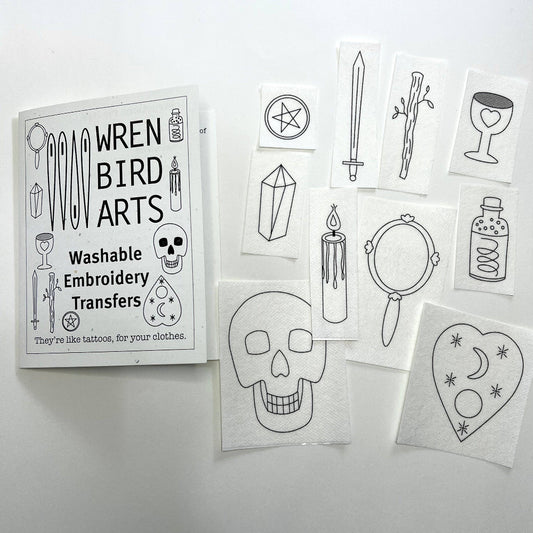 Wren Bird Arts washable embroidery transfers with various designs on a white background