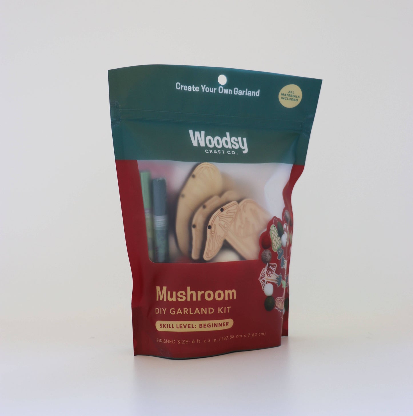 Woodsy Craft Co. Mushroom DIY Garland Kit packaging on a white background