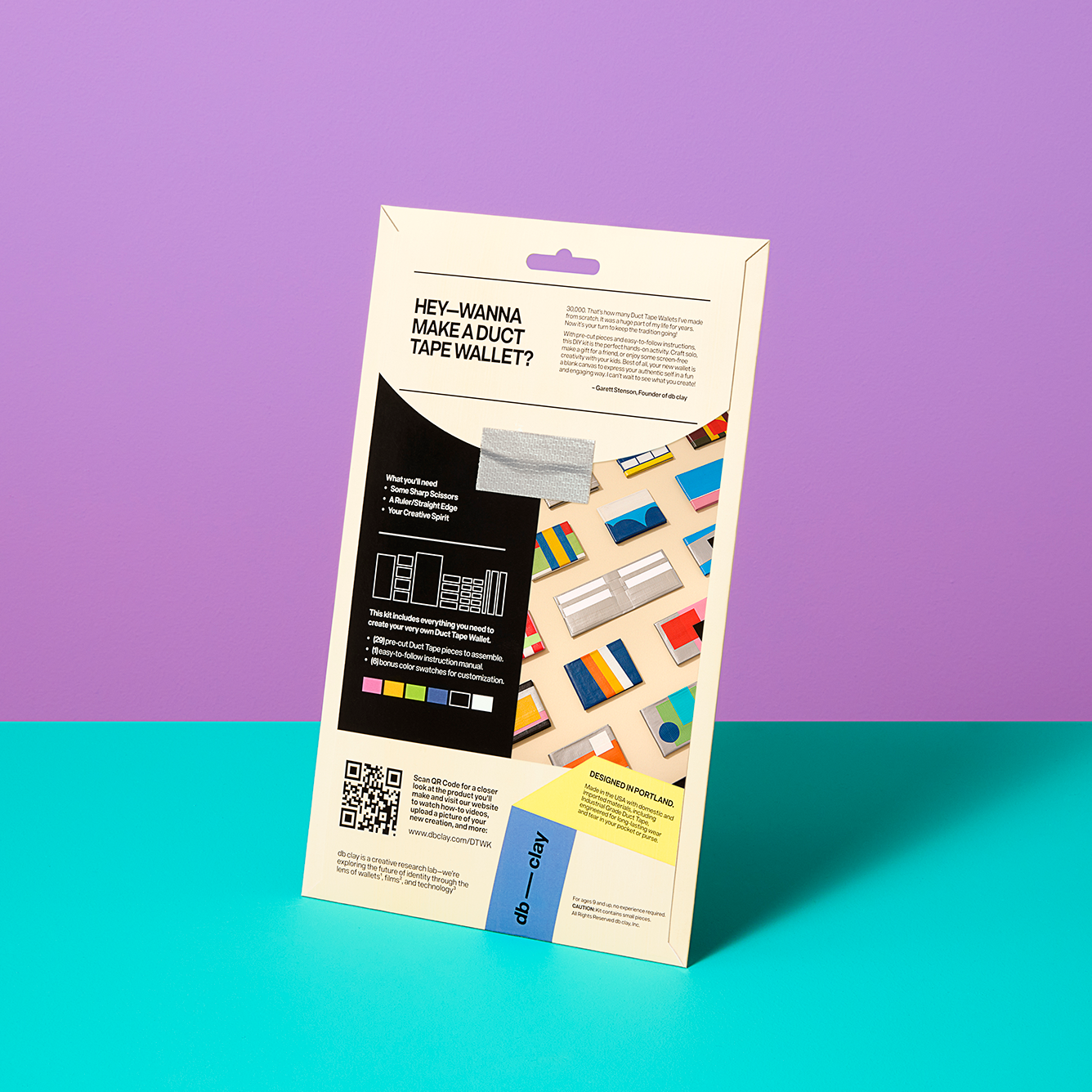 Backside of the packaging of a duct tape wallet with colorful labels on a purple and blue background
