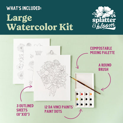 Large Watercolor Kit with 3 designs on watercolor sheets, paint dots, mixing palette, and brush on a green background.