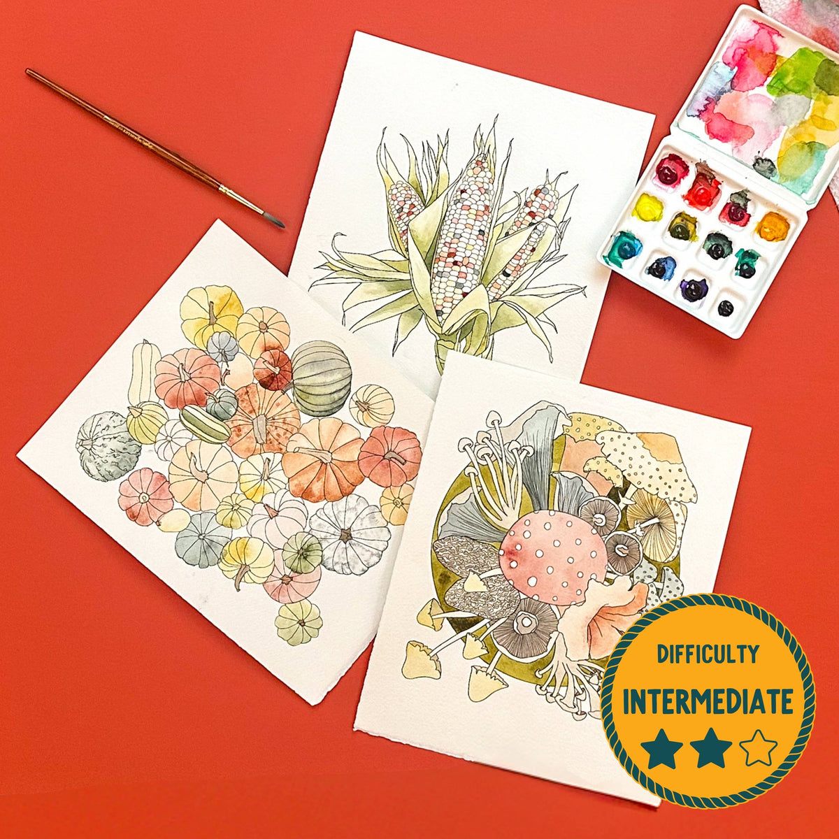 Three watercolor designs are displayed on a red background, alongside a paintbrush, a watercolor palette, and a circular badge that reads 'Difficulty Intermediate'.