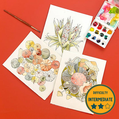 Three watercolor designs are displayed on a red background, alongside a paintbrush, a watercolor palette, and a circular badge that reads 'Difficulty Intermediate'.