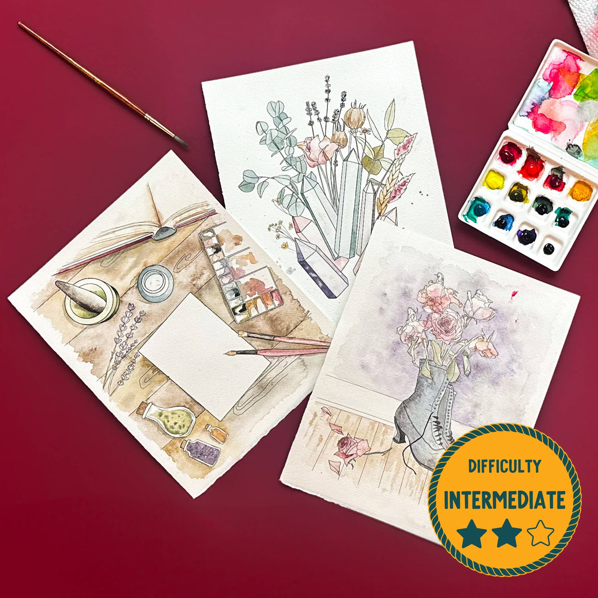 3 hand-drawn witchy themed designs with watercolor paints and brush on a red background.