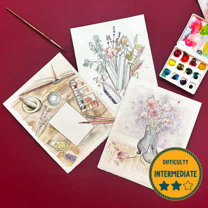 3 hand-drawn witchy themed designs with watercolor paints and brush on a red background.