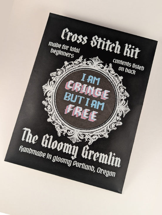 Cross stitch kit in the new printed black envelope packaging.