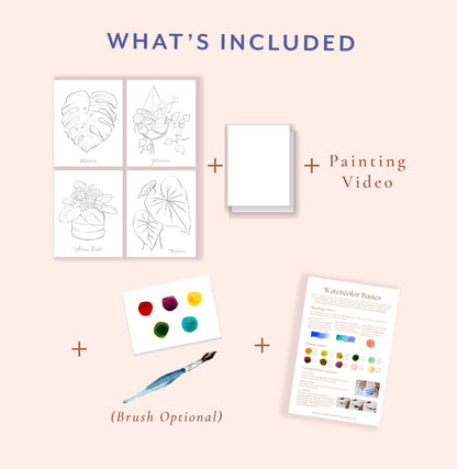 Set of art supplies including coloring pages, paint swatches, a brush, and a video on a light pink background.