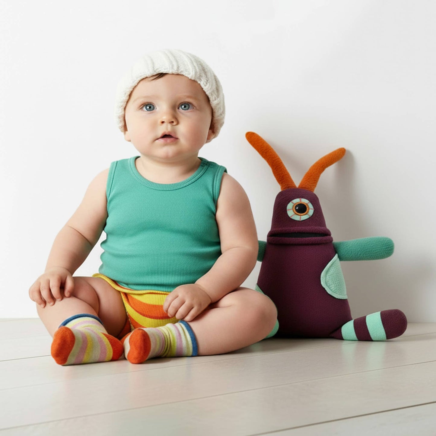 Baby sitting on a white floor with a colorful toy next to them