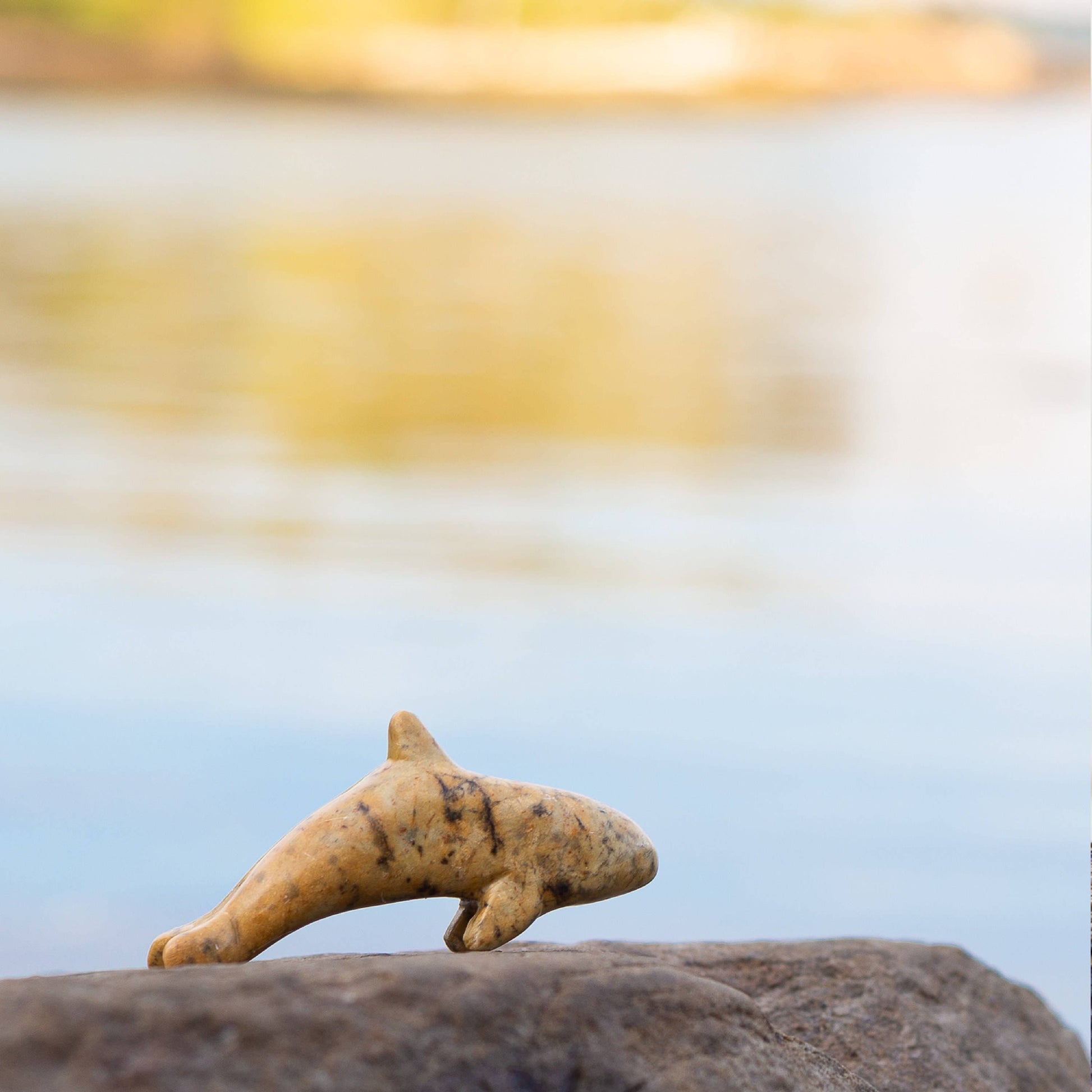 A finished orca figurine on a rock with a blurred natural background
