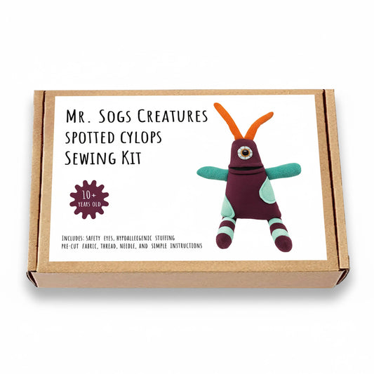 Sewing kit packaging for 'Mr. Sogs Creatures Spotted Cyllops' on a white background