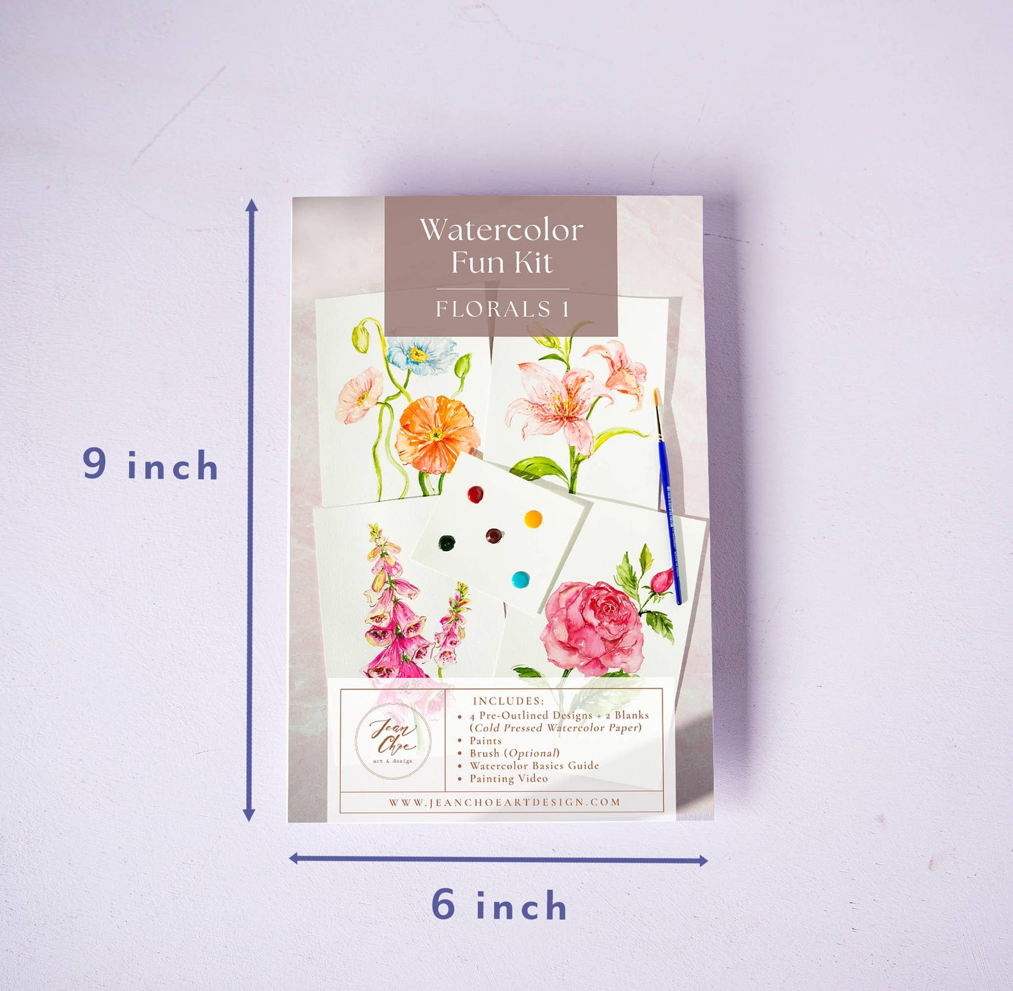 Watercolor Fun Kit with dimensions on a light purple background