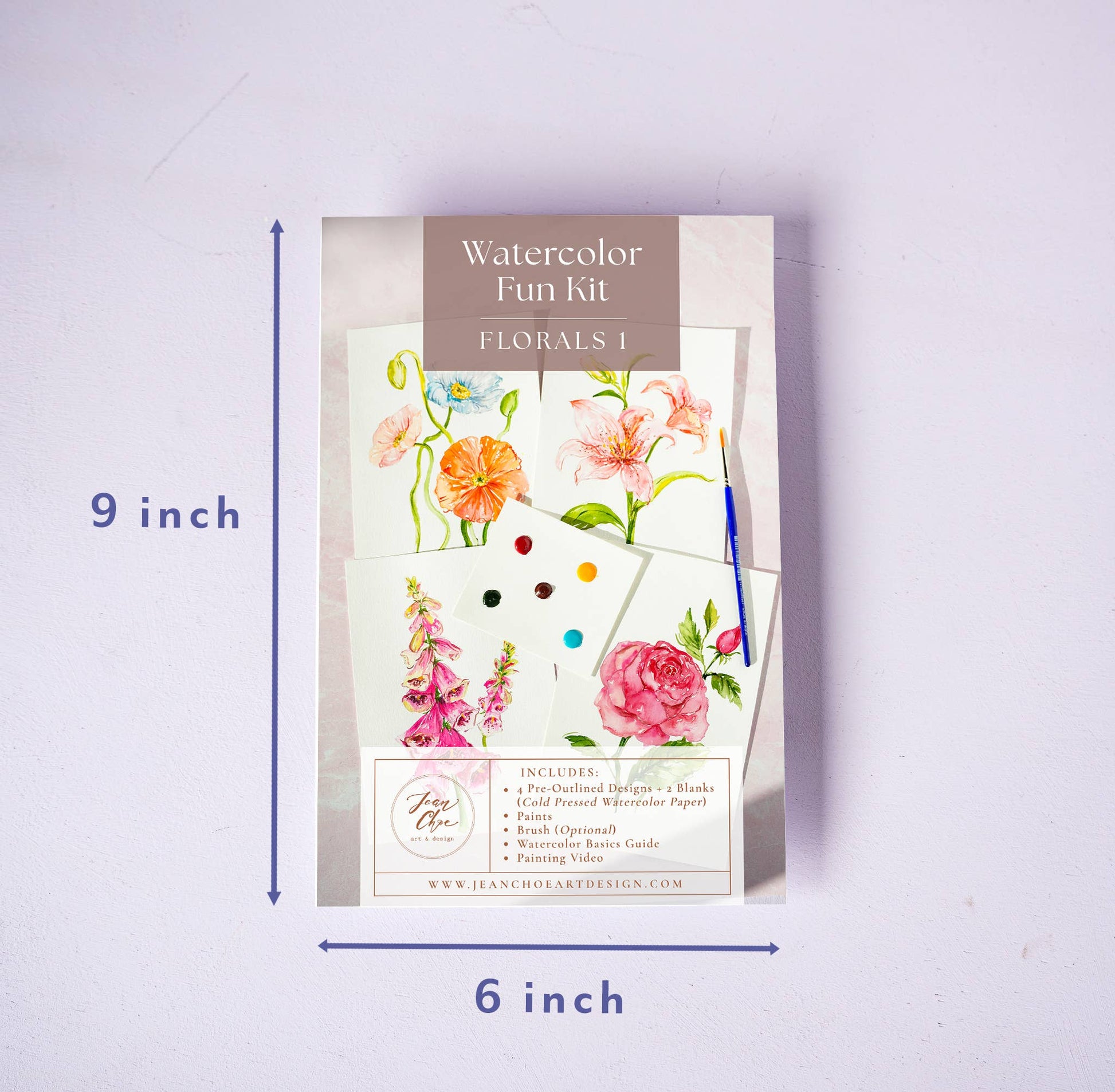 Watercolor Fun Kit with dimensions on a light purple background