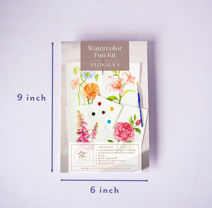 Watercolor Fun Kit with dimensions on a light purple background