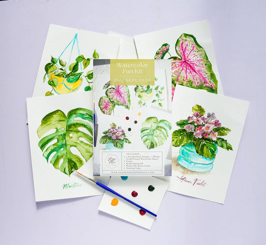 Set of tropical houseplant watercolor paintings with a paintbrush on a light purple background