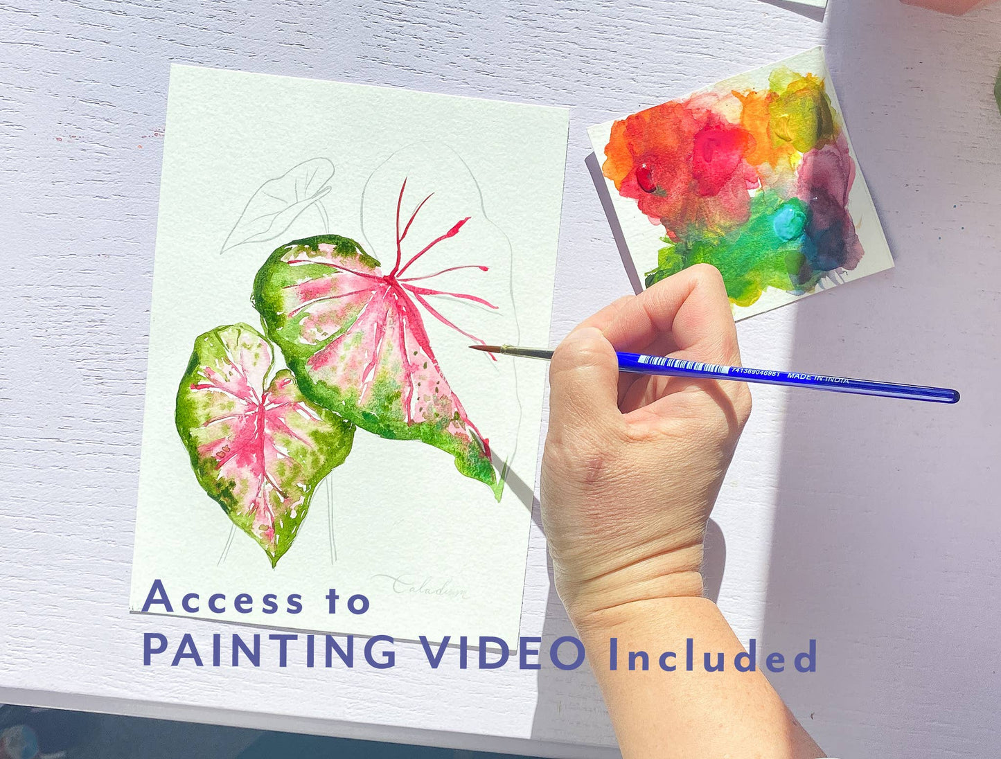 Hand painting a colorful leaf design on a piece of paper with text about video access.
